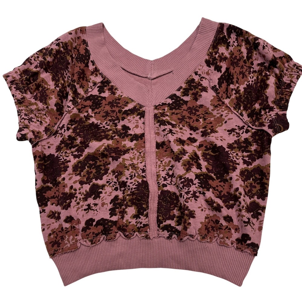 Pilcro Sweatshirt Womens XS Mauve Floral Cropped V Neck Oversized Y2K Top Casual